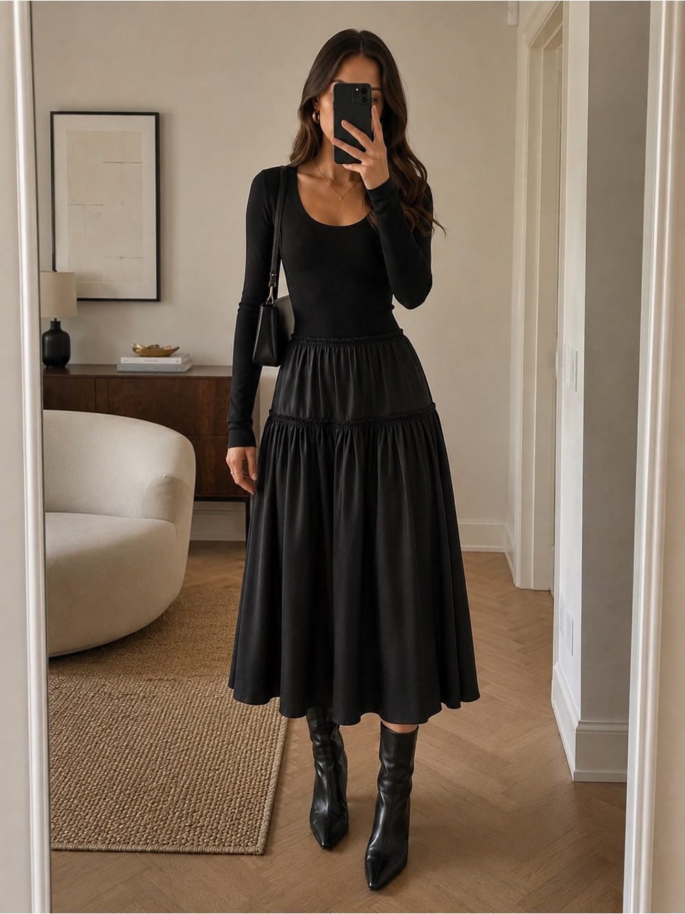 Theory Ribbed Knit Panel Satin Midi Dress Black Wool Blend Size S